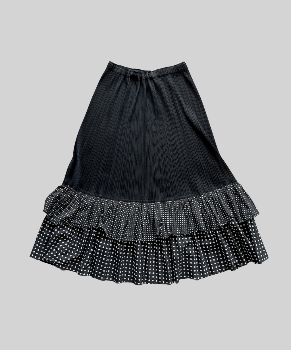 Pleats Please tiered ruffle polka dot pleated skirt