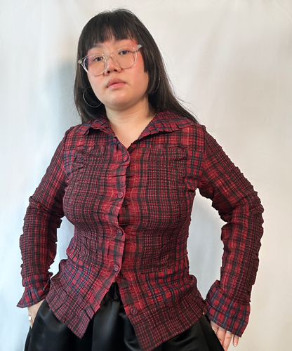 Yoshiki Hishinuma Plaid Shirred Long Sleeve Top