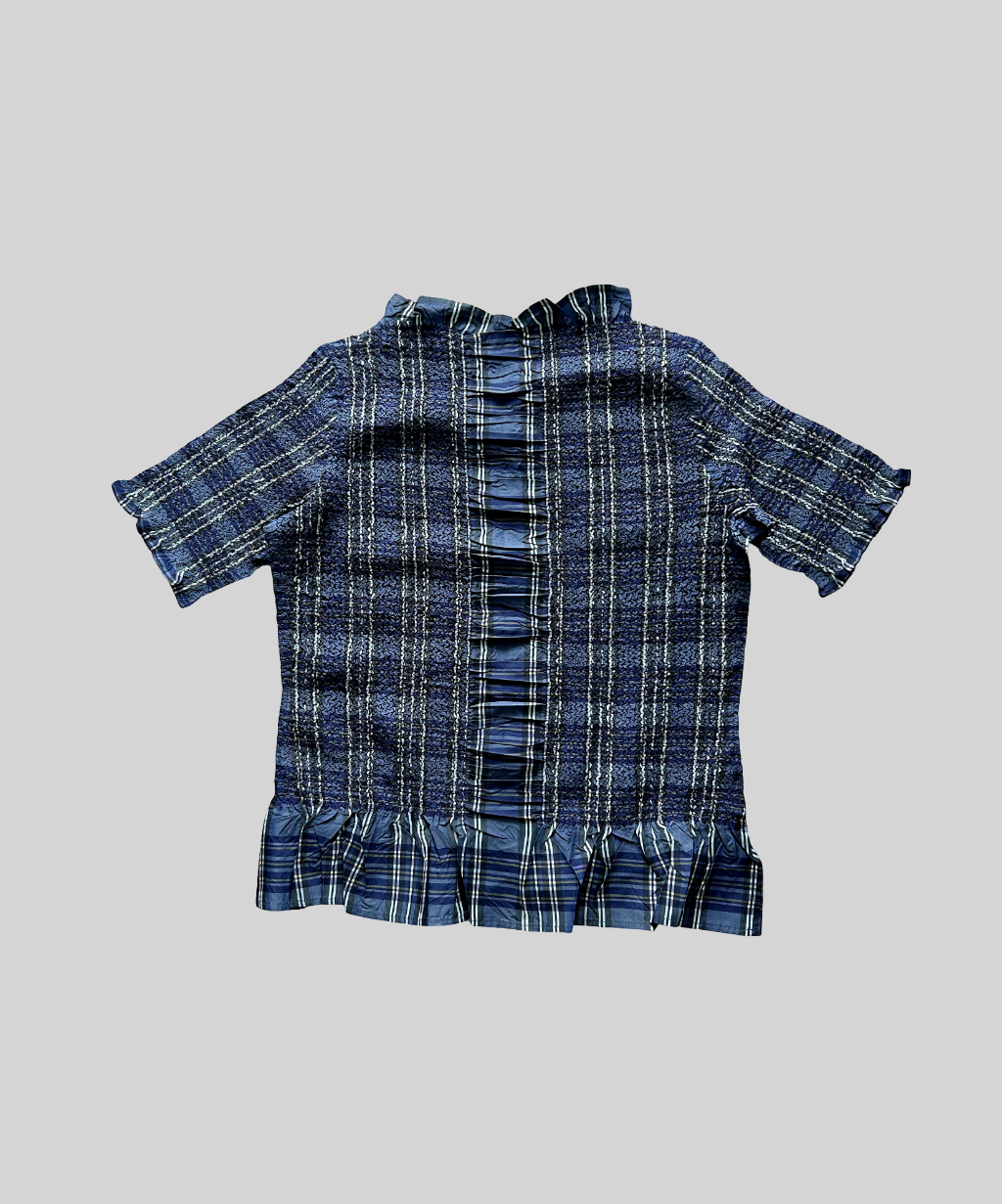 Yoshiki Hishinuma Blue Plaid Peplum Ruffle Hem Top