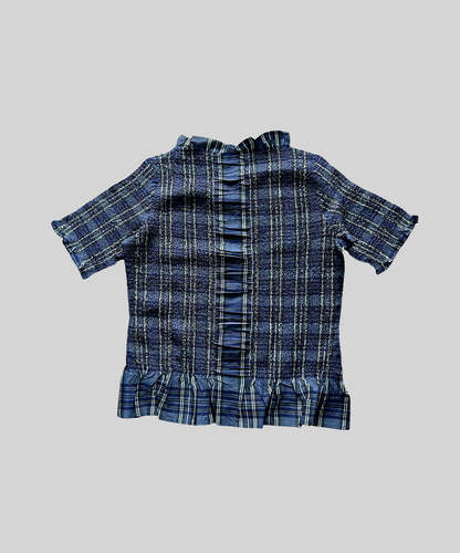 Yoshiki Hishinuma Blue Plaid Peplum Ruffle Hem Top