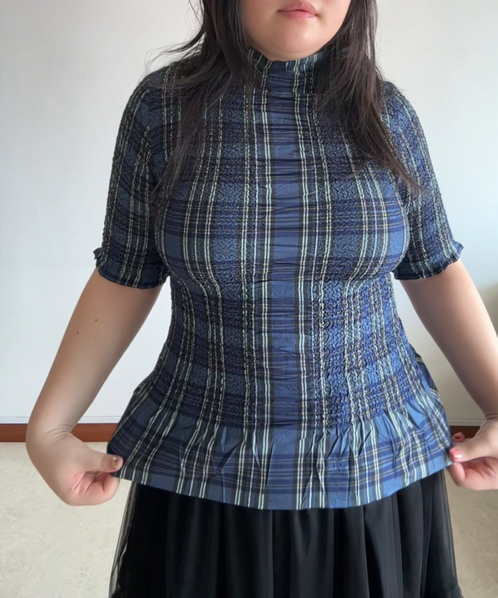 Yoshiki Hishinuma Blue Plaid Peplum Ruffle Hem Top