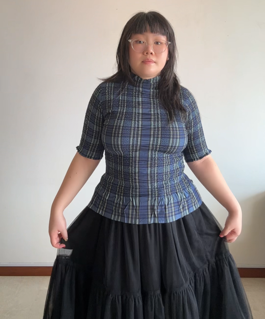 Yoshiki Hishinuma Blue Plaid Peplum Ruffle Hem Top
