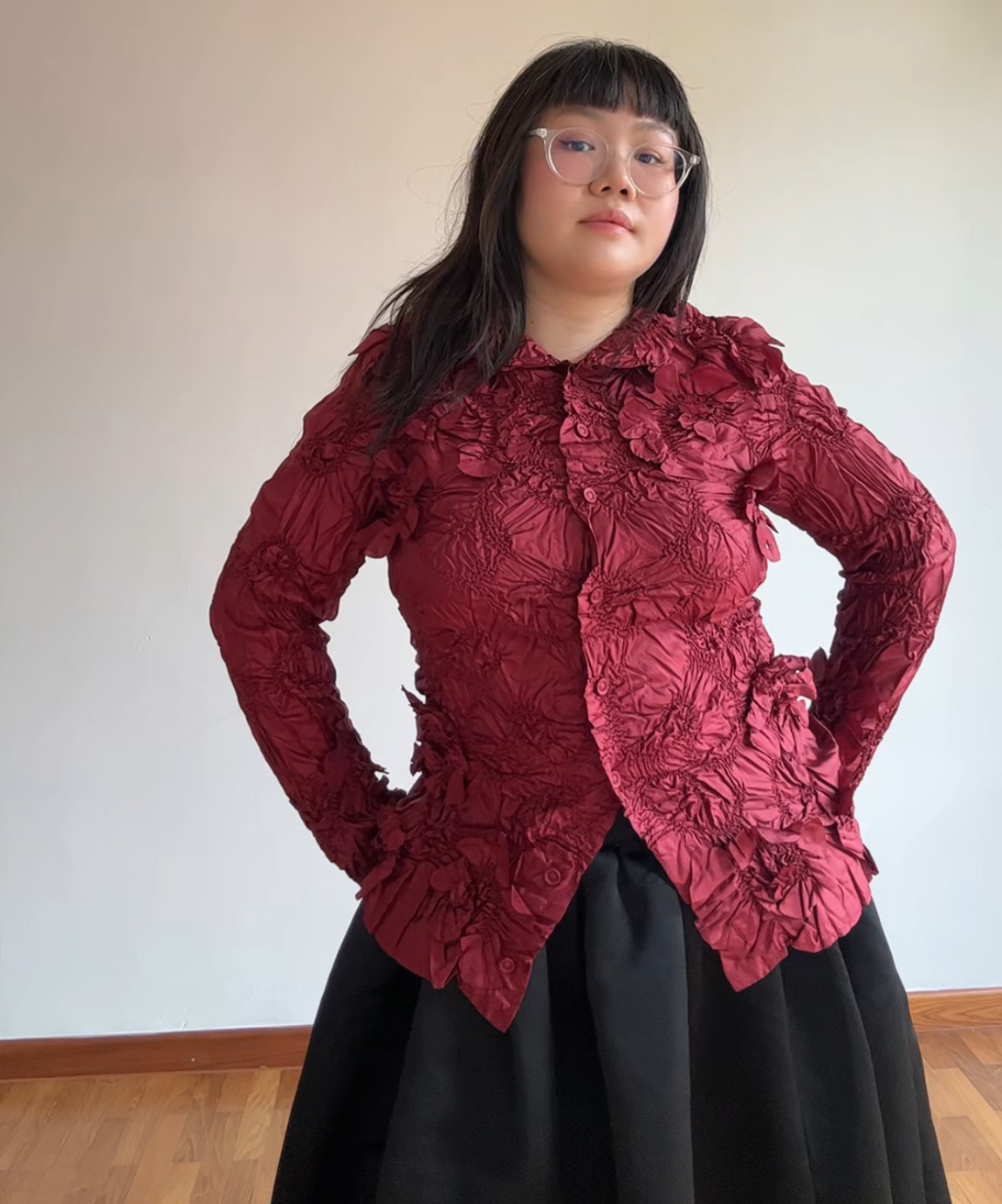 Yoshiki Hishinuma Burgundy Flower Applique Shirt