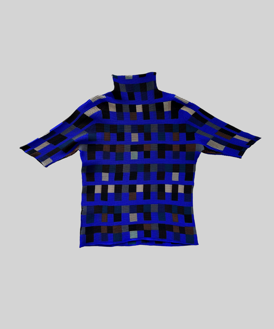 Issey Miyake mosaic blue pleated half sleeve top
