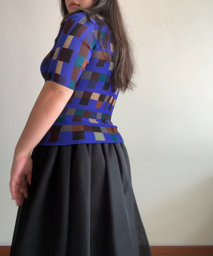 Issey Miyake mosaic blue pleated half sleeve top