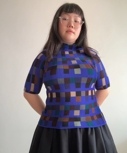 Issey Miyake mosaic blue pleated half sleeve top