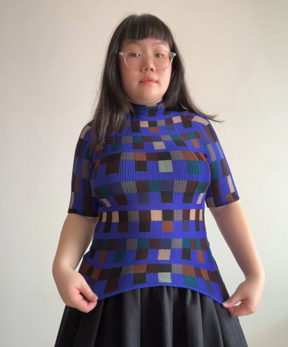 Issey Miyake mosaic blue pleated half sleeve top