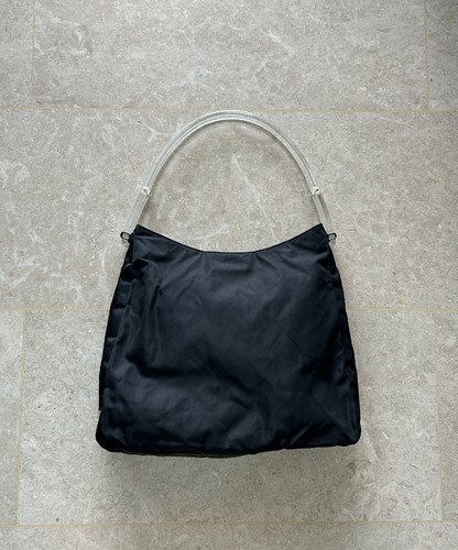 Prada 1998 Tessuto Plex Acrylic Handle Shoulder Bag (L)